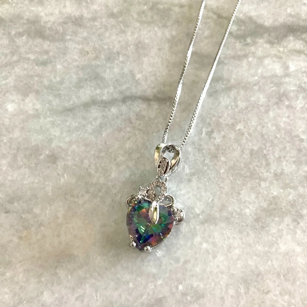 Sterling Silver Rainbow Zircon Stone Multicolor Pendant Necklace